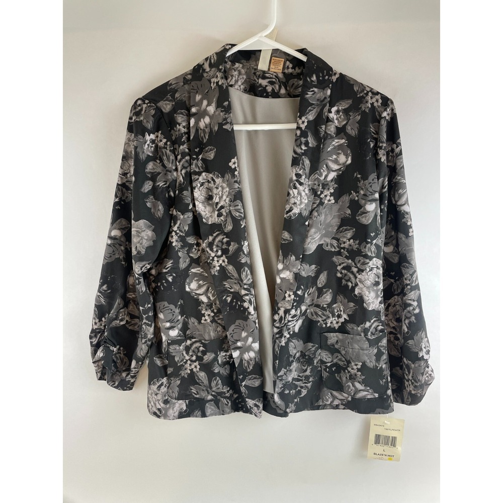 Eyeshadow Jacket Women's Size L Gray Open Floral Blazer Ruching Long Sleeve NWT